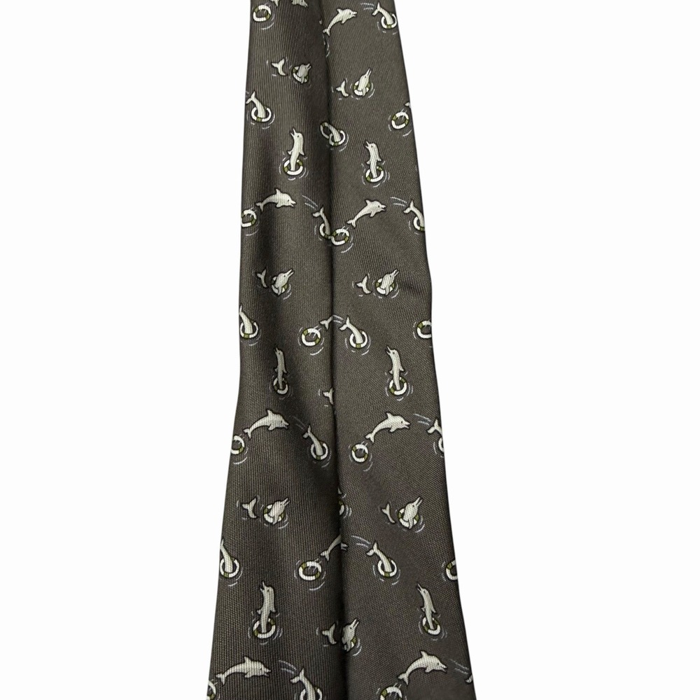 Hermes Mens Tie Dancing Jumping Dolphins Brown Silk 5390 OA 3 7/8" (W) x 63" (L) - Picture 5 of 7
